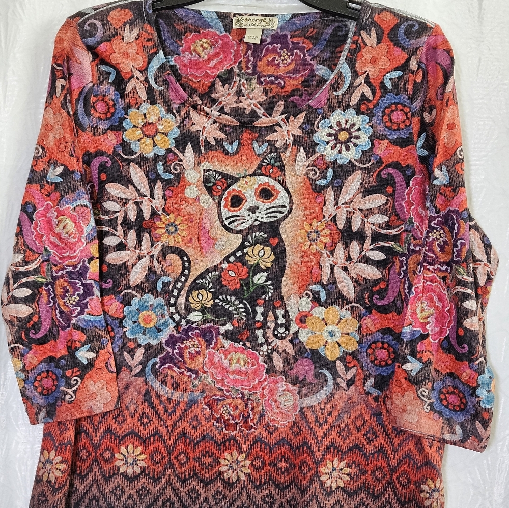 Energe World Wear Day Of The Dead Sugar Skull Cat Tunic Top Sz M